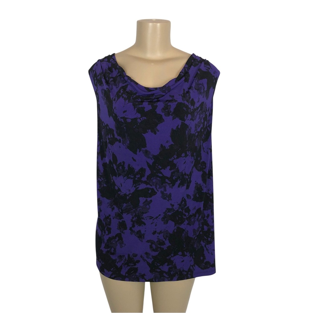 Ellen Tracy Dark Floral Print Cowl Neck Sleeveless Tank Top 2X Purple Whimsigoth
